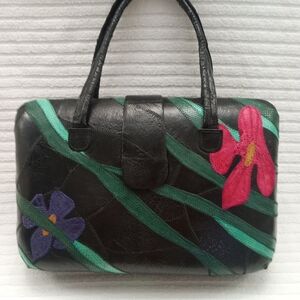 EXOTIC LEATHER HANDBAG Genuine Frogskin BLACK with FLORAL APPLIQUE Hardshell VTG